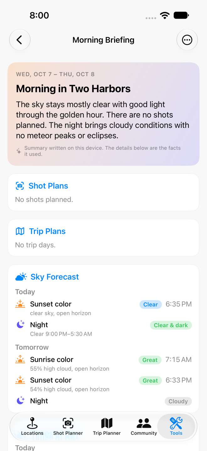 A Daily Summary of plans, light and sky