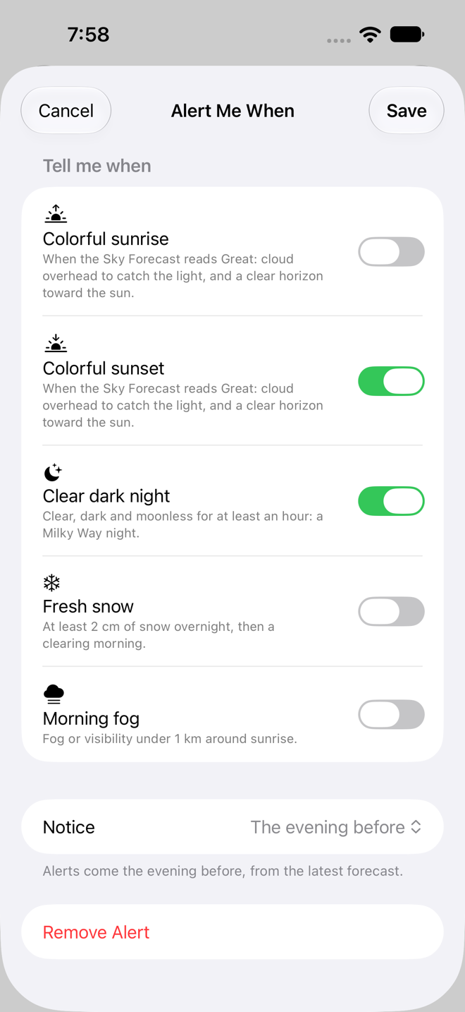 Alert Me When: colorful sunsets and clear dark nights at a saved place