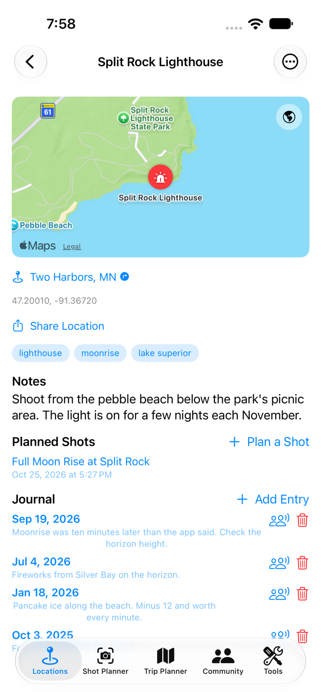 A saved location with notes, planned shots and journal