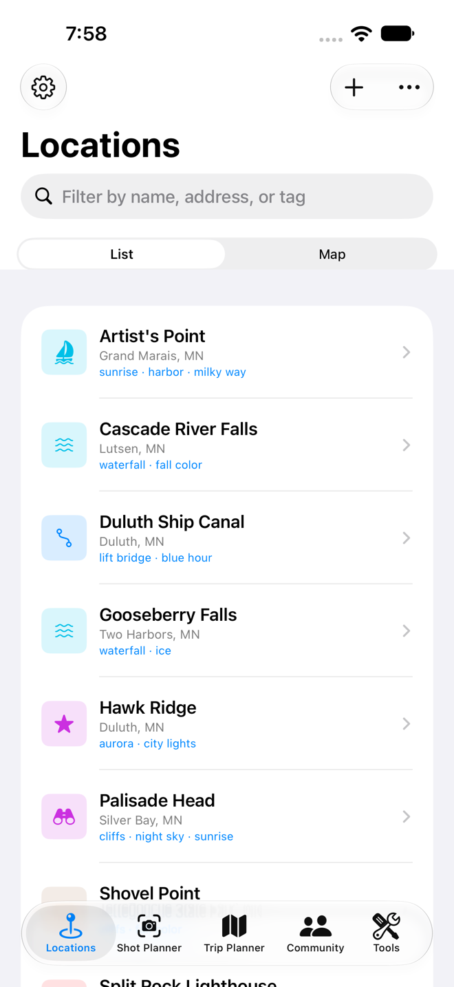 The Locations map with saved photo spots
