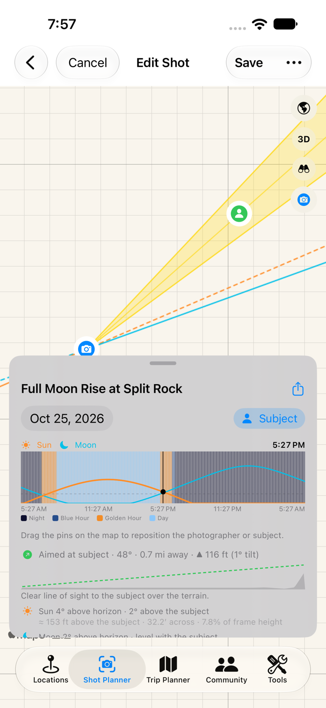 Shot Planner: the full moon rising beside Split Rock Lighthouse, with the lens's field of view on the map