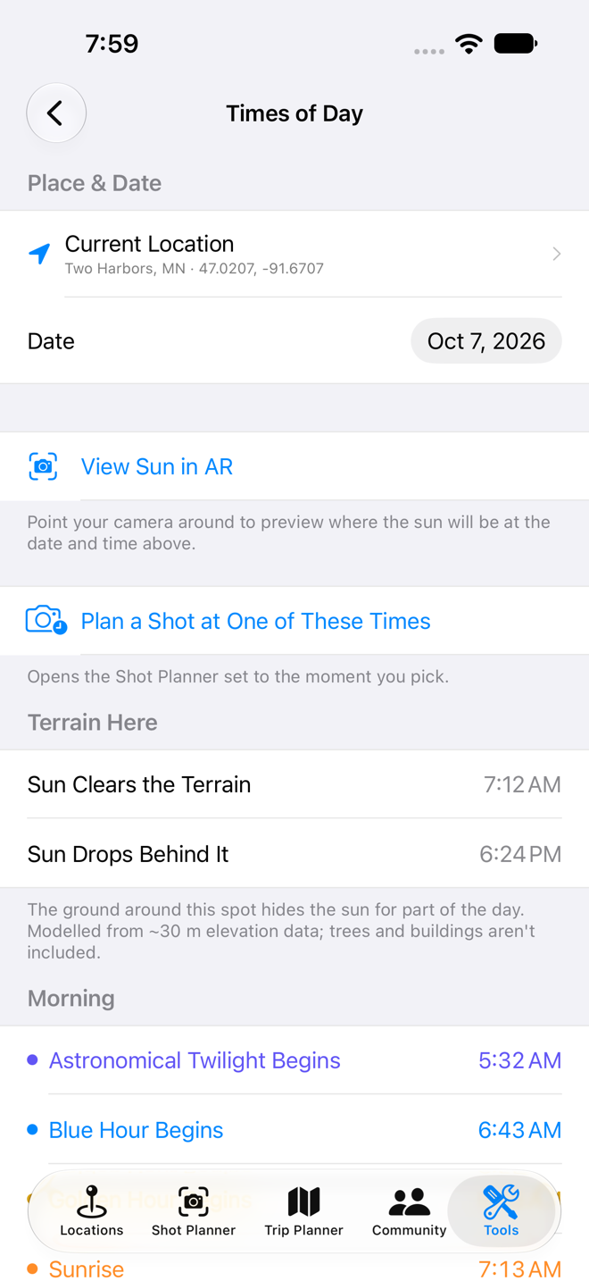 Times of Day, with when the sun clears the terrain